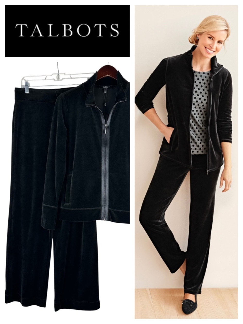 NEW Talbots 2 pc Tracksuit Set Jacket Pants Sz MP PM Petite Medium Black Velour